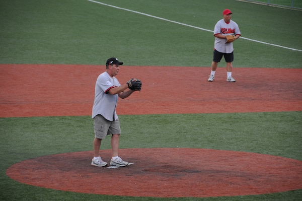 Chief Master Sgt. Ray Riel, U.S. Army Corps of Engineers, Far East District Construction Representative, pitches during an FED softball game in June 2010.  Riel has completed his service for FED and will be retiring soon in May.  (Photo by Patrick Bray)