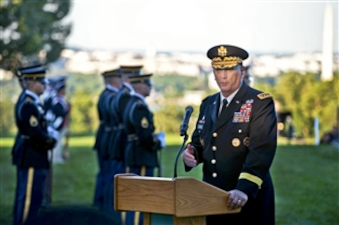 Army Chief of Staff Gen. Ray Odierno speaks during the Army's tribute to retiring members of Congress at Whipple Field on Joint Base Myer-Henderson Hall in Arlington, Va., July 25, 2012.
