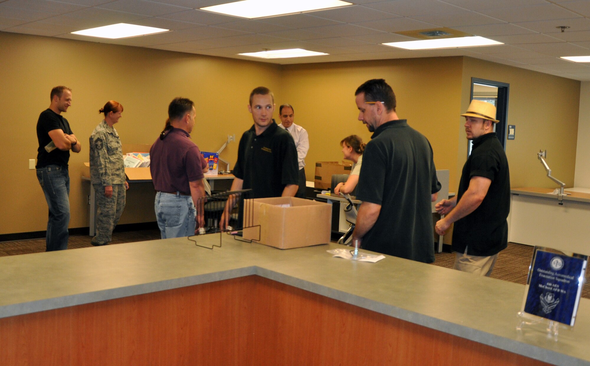 MCCHORD FIELD, Wash. – Reservists from the 446th Aeromedical Evacuation Squadron prepare to return to their remodeled offices here, July 30.  For more than three decades, the AES has worked in their original office space designed for half their squadron’s size. Despite all the inconvenience moving into temporary, smaller workspace two and a half years ago, the 446th AES hasn’t missed a beat while delivering continuous mission support. (U.S. Air Force photo by Tech. Sgt. Elizabeth Moody)