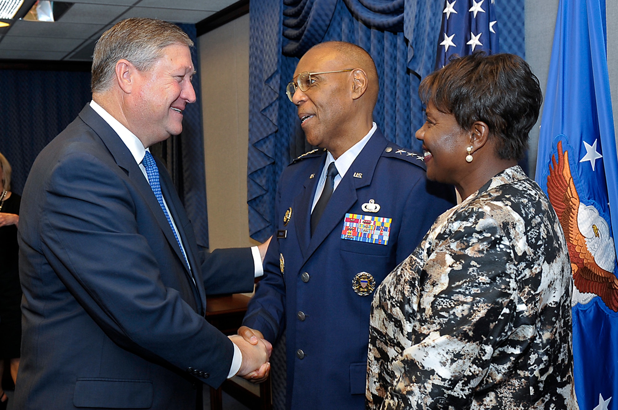 Secretary of the Air Force Michael Donley congratulates Gen. Larry Spencer and his wife Ora on his promotion following a ceremony at the Pentagon, July 27, 2012. Spencer will become the new Air Force Vice Chief of Staff. (U.S. Air Force photo/Michael J. Pausic)