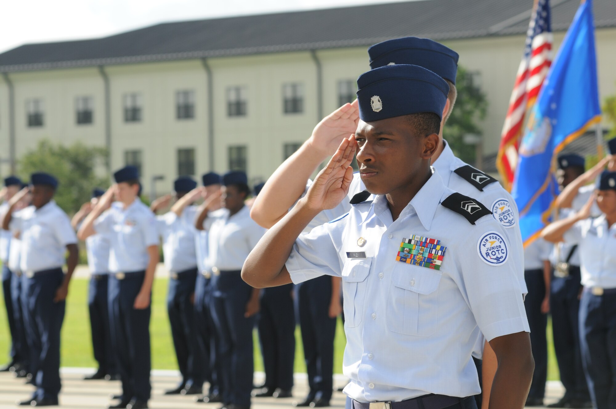 Cadet Calvin Wiley Jr., 17, a senior from South Panola High School, Batesville, Miss., salutes during a parade at the Levitow Training Support Facility, Keesler Air Force Base, Miss., July 27, 2012.  Approximately 100 JROTC students from seven states attended a week-long JROTC Summer Leadership School at Keesler ending with the parade and a graduation ceremony at the Welch Theater.  (U.S. Air Force photo by Kemberly Groue)