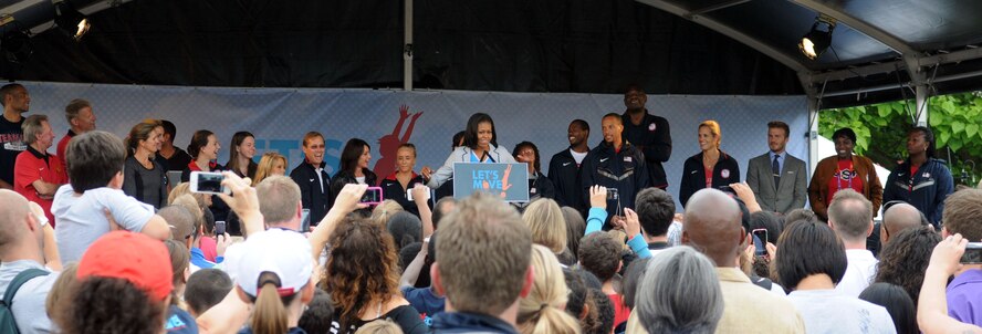 LONDON – First lady Michelle Obama introduces the United States Olympic Committee and talks to American and British children about health and fitness at the United States Ambassador to the United Kingdom’s residence during a fitness-themed event July 27, 2012. The first lady specially welcomed children of military families stationed in the United Kingdom. (U.S. Air Force photo/Staff Sgt. Austin M. May)