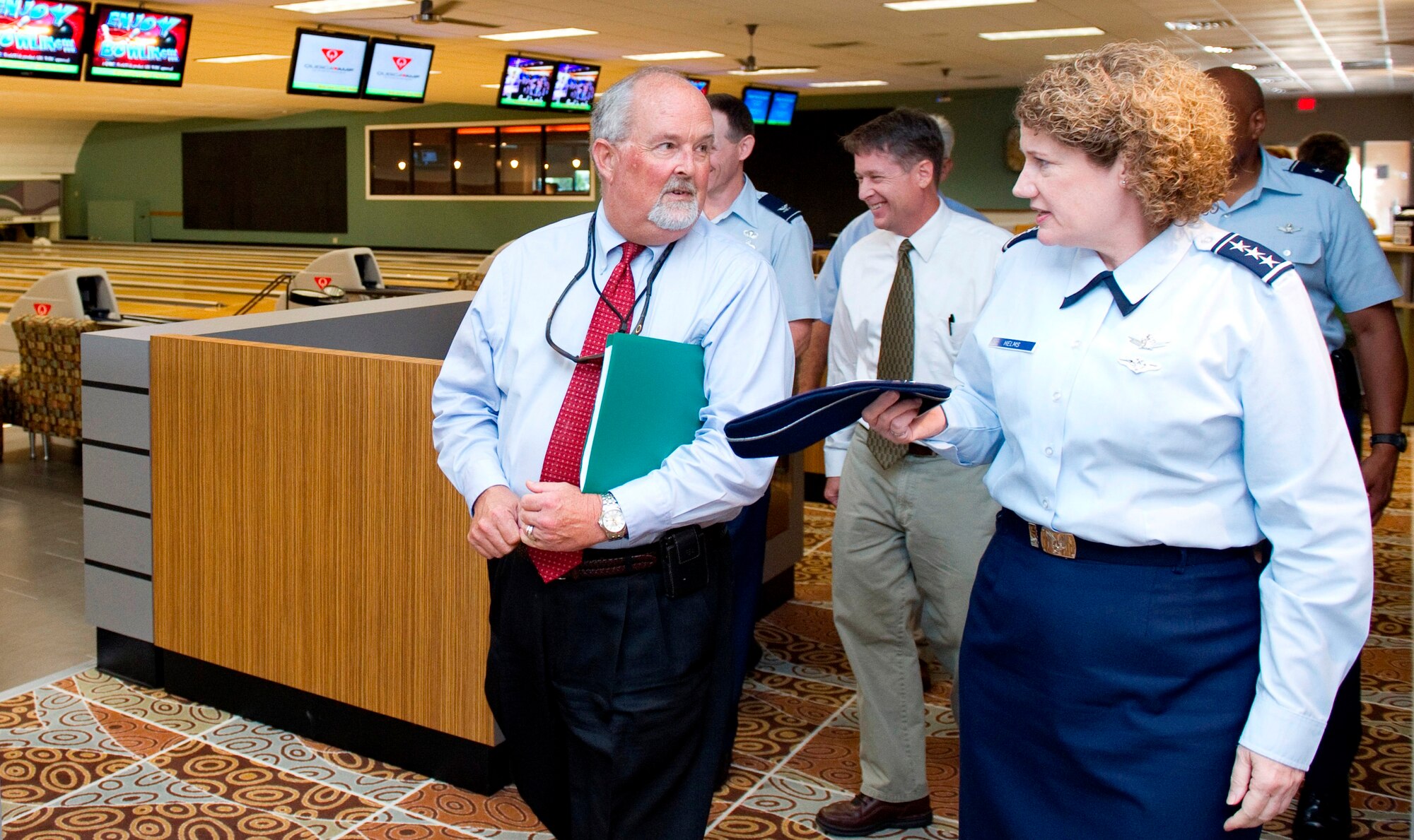 Lt. Gen. Susan Helms, commander, 14th Air Force is escorted through the newly renovated Commons Lounge by Larry Hornback, 45th Force Support Squadron. Behind them in the center is Mr. Gregg Kraver, executive director, 45th Space Wing.
General Helms, a former 45th Space Wing commander and a member of the Astronaut Hall of Fame, was here for a full day of tours at Patrick AFB and Cape Canaveral Air Force Station Monday. (Photo by Matthew Jurgens)