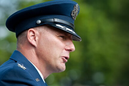 Colonel Olaf Holm, the commandant of the Air Advisory Academy, gives a
speech during the Air Advisor Memorial dedication ceremony at Joint
Base McGuire-Dix-Lakehurst, N.J., July 27, 2012. Holm was the creative
force behind the memorial project. (U.S. Air Force photo/Senior Airman
Andrew Lee)