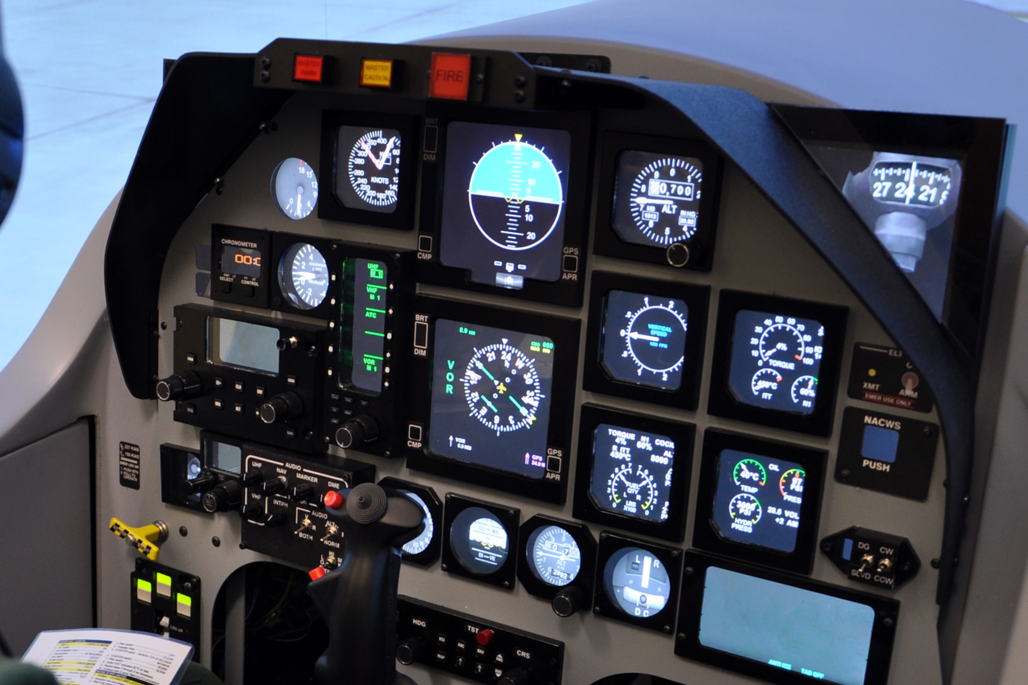 The new T-6 Texan II simulator instrument panel uses a single flat panel monitor and software to recreate the look and feel with digital displays and gauges. (U.S. Air Force photo/Staff Sgt. Clinton Atkins)