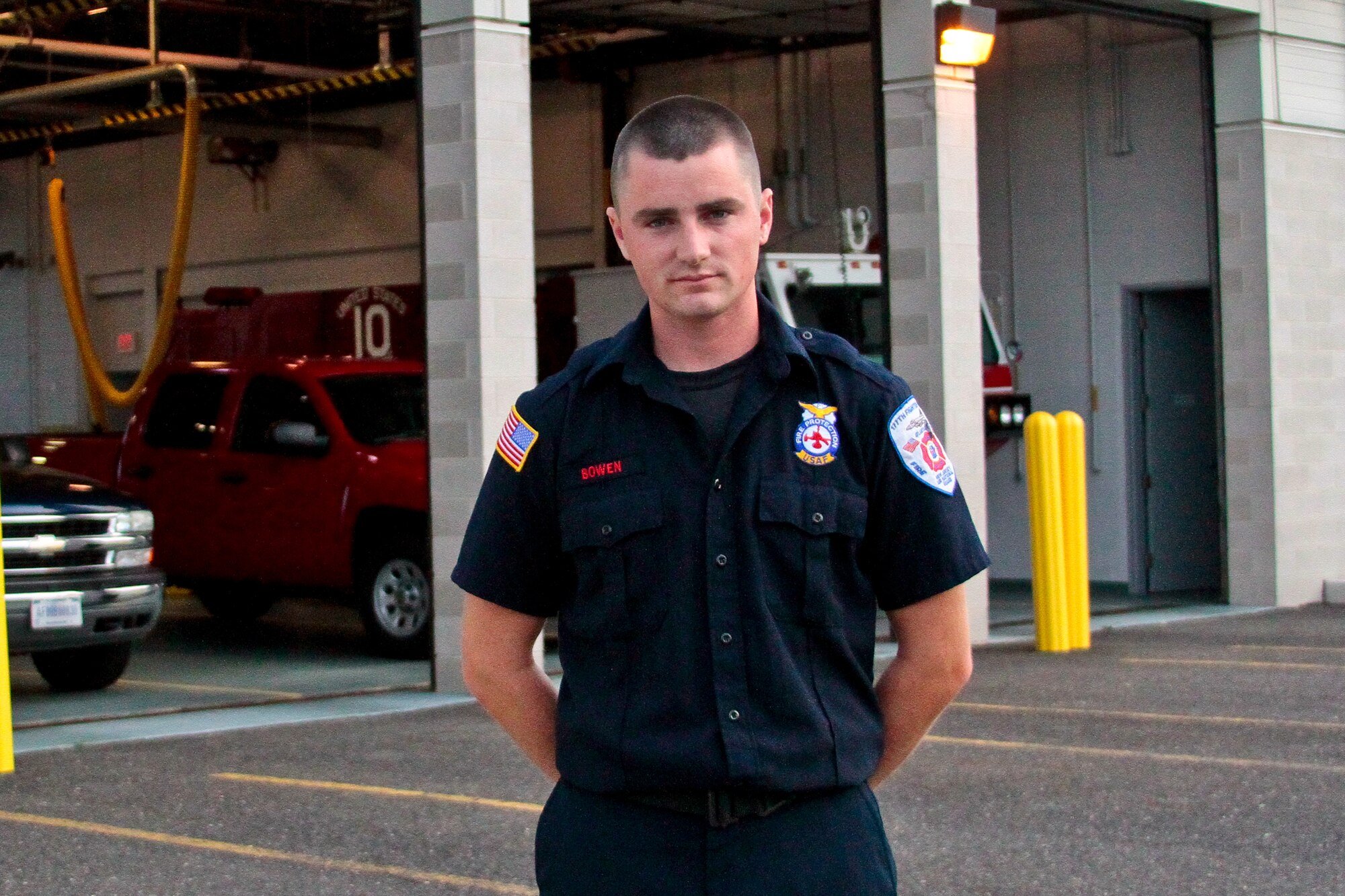 A picture of U.S. Air Force Airman First Class Rob Bowen, a 177th Civil Engineering Squadron Firefighter, posing for a portrait.