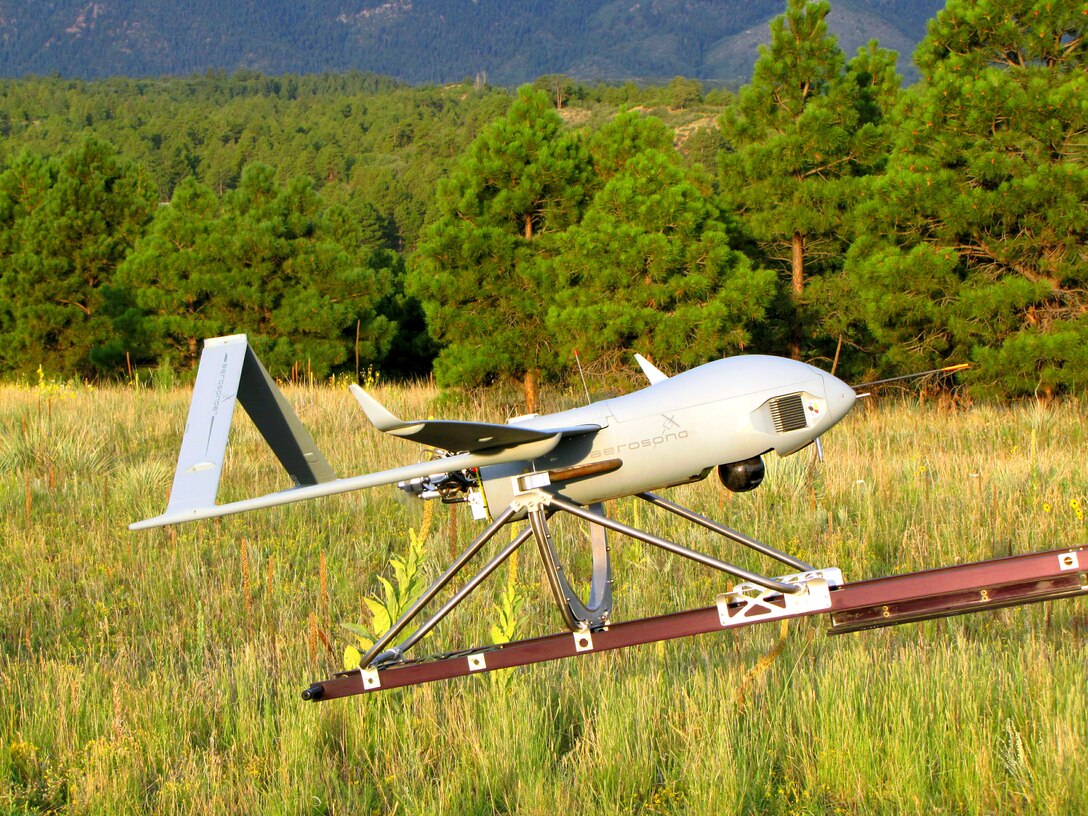 An Aerosonde remotely piloted aircraft prepares for takeoff from the Aardvark airfield east of Jacks Valley at the Air Force Academy Sept. 1, 2011. Academy cadets control the RPAs from an operations center in the 557th Flying Training Squadron at the Academy's primary airfield. (U.S. Air Force photo)