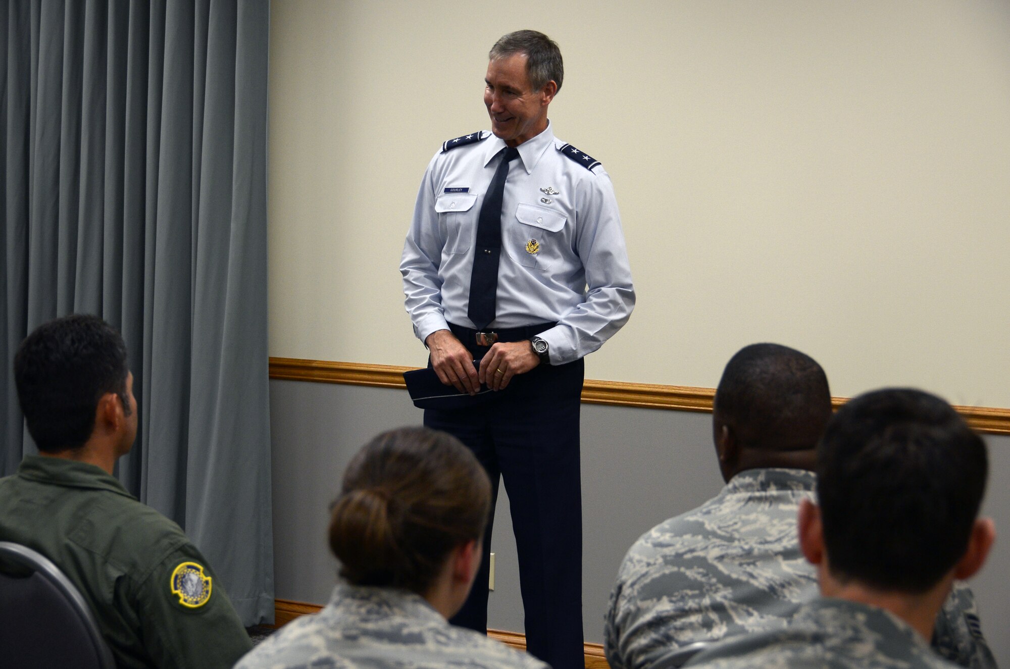 WRIGHT-PATTERSON AIR FORCE BASE, Ohio - Maj. Gen. Craig Neil Gourley, Vice Commander, Air Force Reserve Command, Robins Air Force Base, Ga., stopped by the 445th Airlift Wing July 18 to meet with Airmen and tour the wing’s facilities. (U.S. Air Force photo/Staff Sgt. Mikhail Berlin)