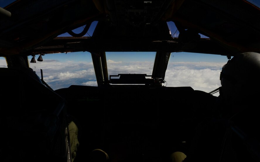 Maj. Mark Pindar, B-52H Stratofortress pilot, and 1st Lt. Mike Owens, B-52H copilot, with the 96th Bomb Squadron from Barksdale Air Force Base, La., fly at 40,000 feet during Exercise Red Flag July 19 at Nellis Air Force Base, Nev. Red Flag provides an opportunity for Air Force Global Strike Command units to demonstrate their ability to deploy long-range strike forces and deliver precision effects that strengthen the nuclear enterprise. (U.S. Air Force photo/Tech. Sgt. Rebecca Zannetti)(RELEASED)