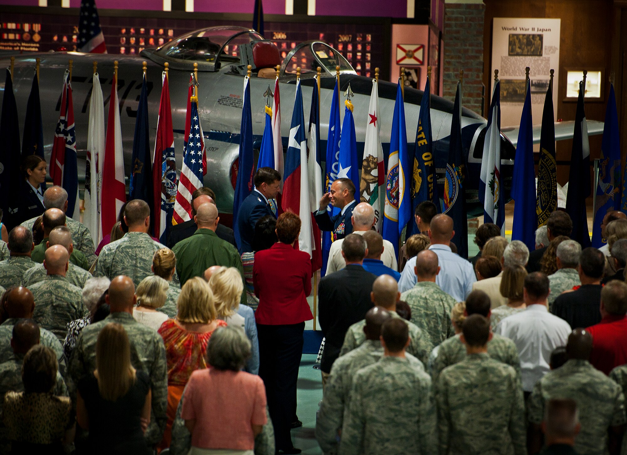 Col. Sal Nodjomian, the last 96th Air Base Wing commander (right), salutes one final time during his retirement ceremony July 27 at the Air Force Armament Museum in Fort Walton Beach, Fla.  Nodjomian served the Air Force for 23 years.  (U.S. Air Force photo/Samuel King Jr.)