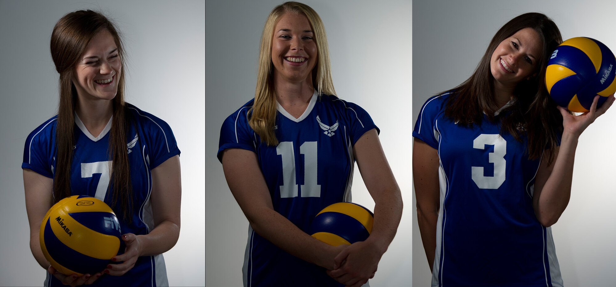 Pictured from left to right, Airman 1st Class Meghan Haas, team captain and outside hitter from the 31st Security Forces Squadron, Airman 1st Class Kristina Englebert, outside hitter from the 31st Mission Support Group, and Capt. Elizabeth Hoeltje, team captain and libero from the 31st Force Support Squadron, joined eight other women from across the Air Force to compete against representatives from the Army, Navy, Marine Corps and Coast Guard in the 2012 Armed Forces Women’s Volleyball Championship. During the tournament the Air Force team went undefeated with a record of 6-0.(U.S. Air Force photo by Staff Sgt. Julianne M. Showalter) 