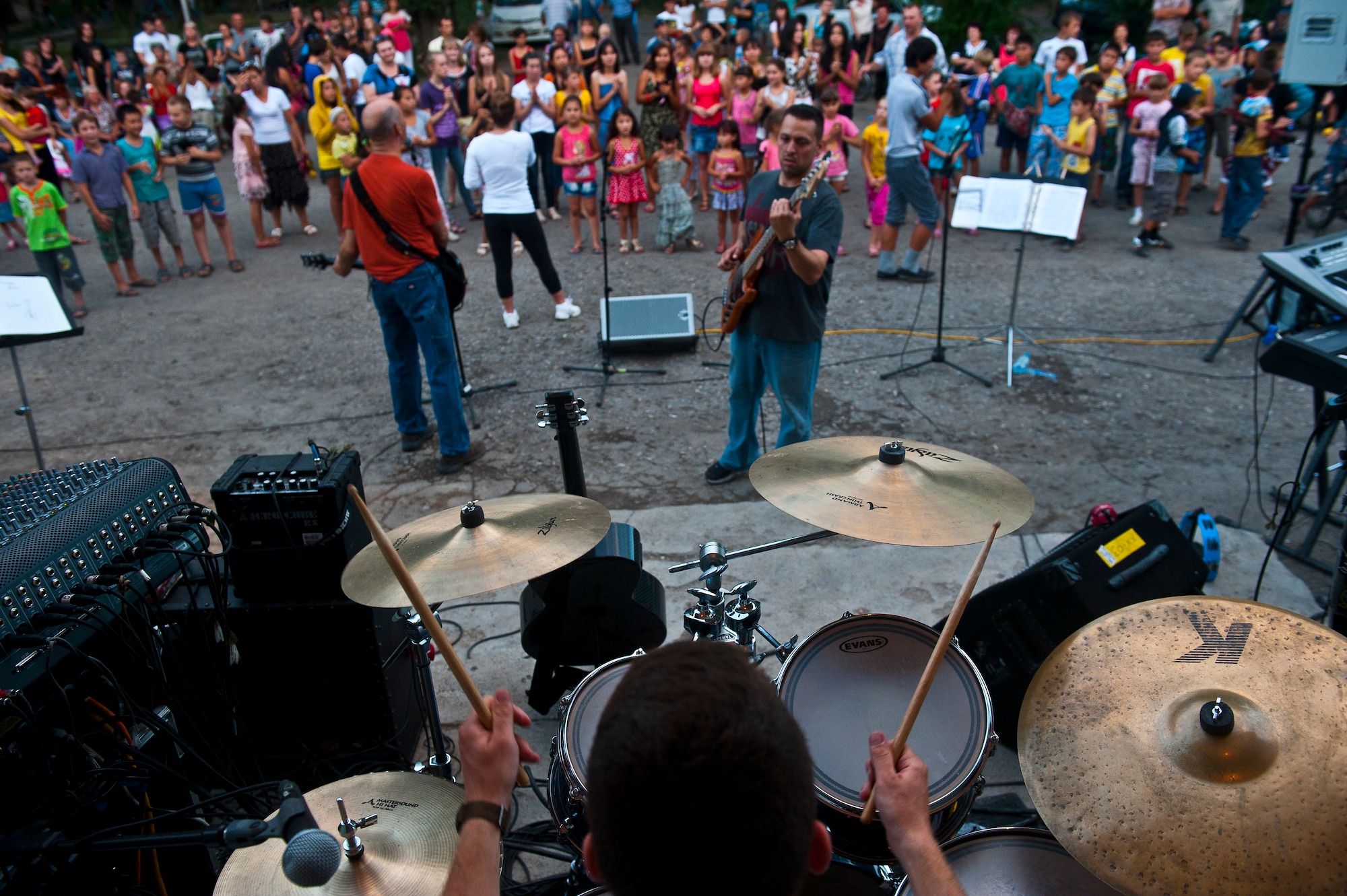 The U.S. Air Forces Central Band "Vector" performs at the Maevka House of Culture in Maevka Village, Kyrgyzstan, July 27, 2012. All nine Vector band members are deployed out of the Channel Islands Air National Guard Station, Calif. (U.S. Air Force photo/Senior Airman Brett Clashman)