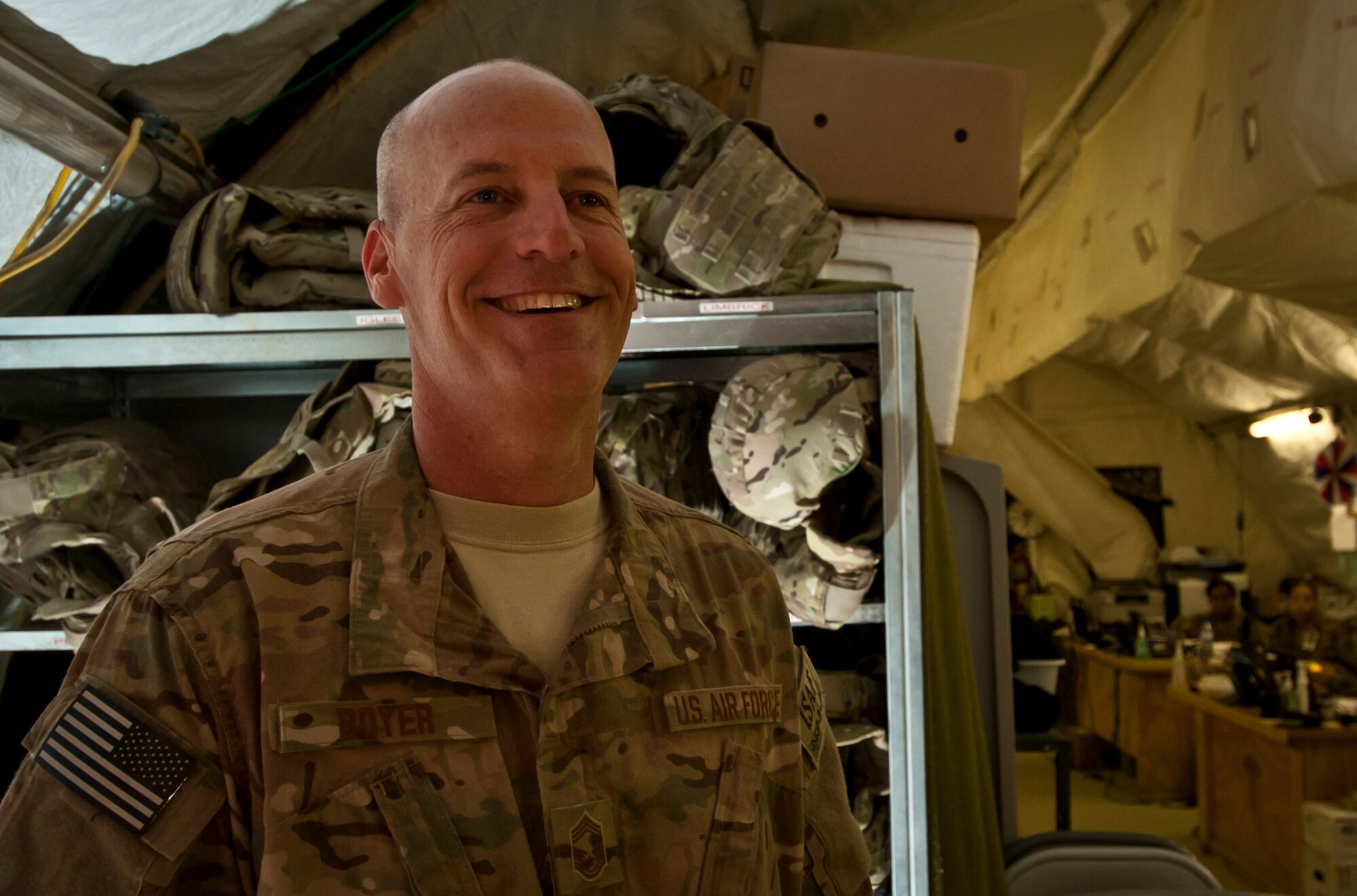 CMSgt Gregory Boyer, a Contingency Aeromedical Staging Facility volunteer from the 455th Expeditionary Logistics Readiness Squadron, stands in the CASF tent at Bagram Airfield, Afghanistan, July 23, 2012. Boyer is a regular volunteer for the Craig Joint Theater Hospital’s CASF missions. (U.S. Air Force Photo/Capt. Raymond Geoffroy)