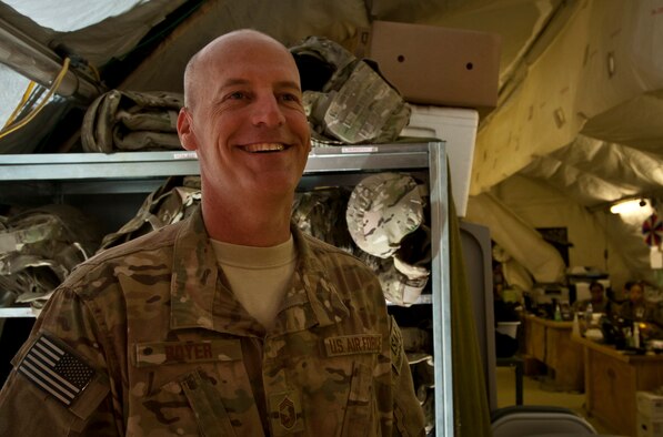 CMSgt Gregory Boyer, a Contingency Aeromedical Staging Facility volunteer from the 455th Expeditionary Logistics Readiness Squadron, stands in the CASF tent at Bagram Airfield, Afghanistan, July 23, 2012. Boyer is a regular volunteer for the Craig Joint Theater Hospital’s CASF missions. (U.S. Air Force Photo/Capt. Raymond Geoffroy)
