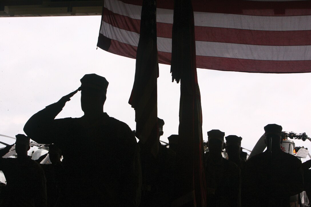 Marines salute during the change of command ceremony of Marine Medium Helicopter Squadron 265 at Marine Corps Air Station Futenma June 1. Lt. Col. Damien M. Marsh, a CH-46E Sea Knight helicopter pilot for almost 20 years, turned HMM-265 over to Lt. Col. William L. DePue, Jr. HMM-265 is part of Marine Aircraft Group 36, 1st Marine Aircraft Wing, III Marine Expeditionary Force.
