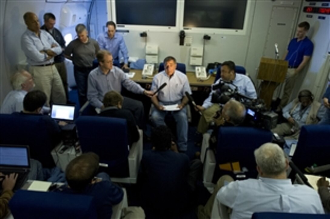 U.S. Defense Secretary Leon E. Panetta gives an in-flight press briefing while flying to Tunis, Tunisia, July 29, 2012. Panetta is on a five-day trip to the region stopping in Tunisia, Egypt, Israel and Jordan.  