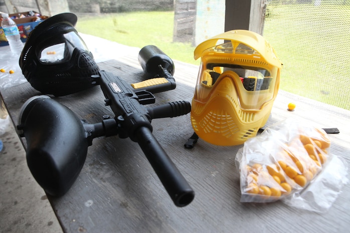 Marines from Marine Corps Base Camp Lejeune were equipped with masks, guns and paintballs during a Single Marine Program paintballing trip hosted at the Sportsman’s Lodge in Jacksonville July 27. The Marines battled each other on a playing field approximately 26 acres large, offering a variety of environments such as an urban combat town, speedball and wooded course.