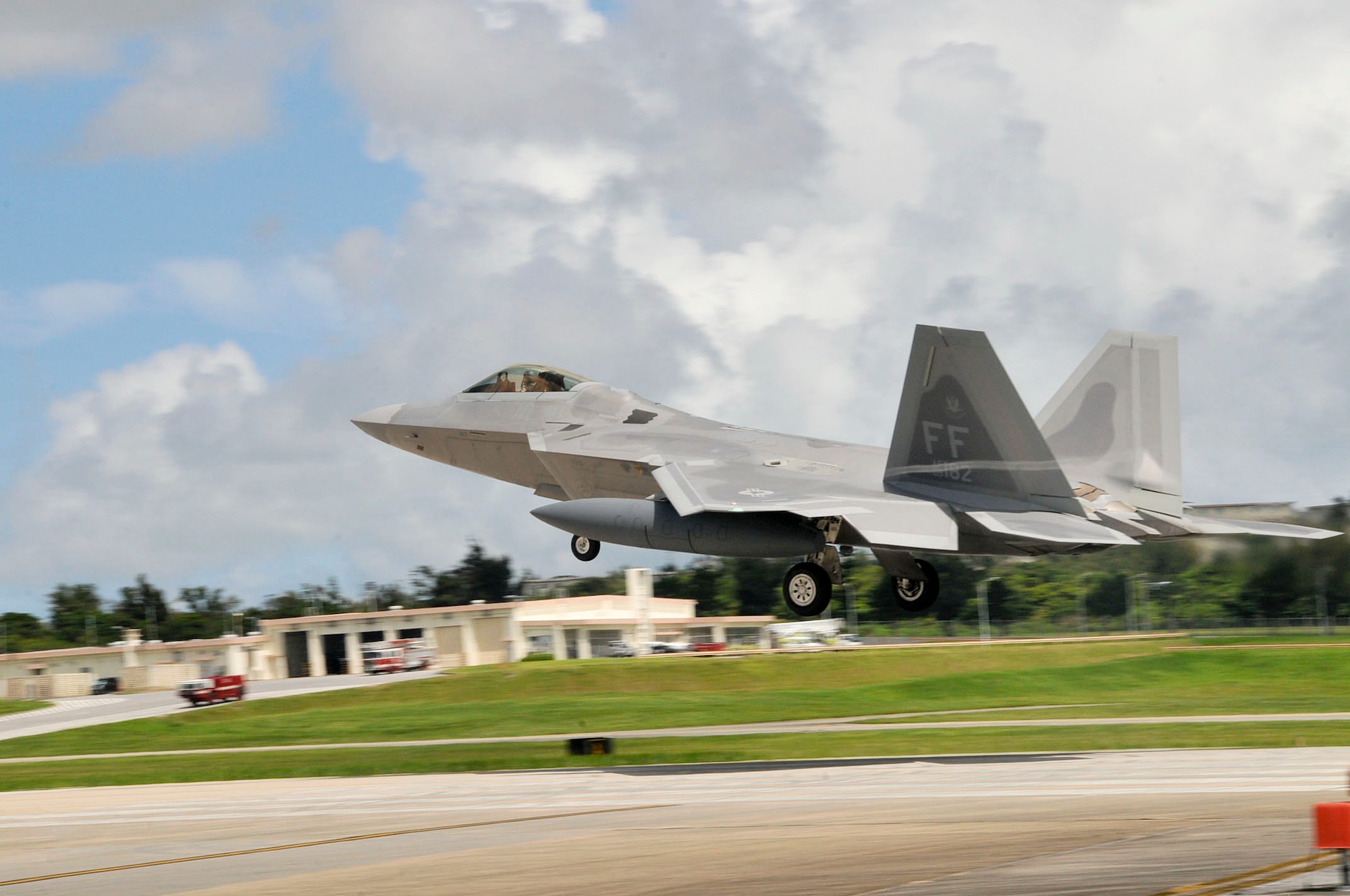 F-22A Raptors from the 1st Fighter Wing, Joint Base Langley-Eustis, Va., deployed to Kadena Air Base, Japan, on July 28, 2012. The F-22's deployment is in support of the U.S. Pacific Commander's security obligations in the Western Pacific. The deployed unit will perform training under the direction of the 18th Wing. (U.S. Air Force photo/Staff Sgt. Darnell T. Cannady)