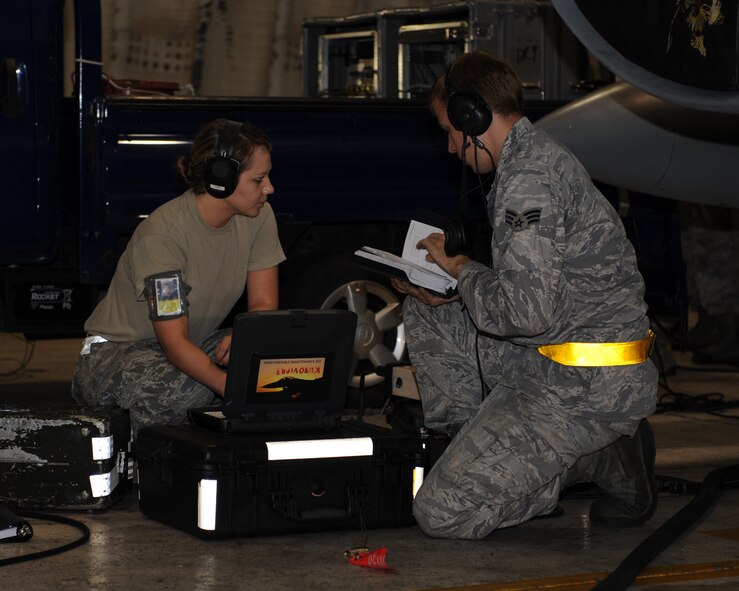 Members of the 8th Maintenance Squadron and the 8th Aircraft Maintenance Squadron review technical data while testing the radar threat warning systems of an F-16 Fighting Falcon on Kunsan Air Base, Republic of Korea, July 26, 2012. This is part of a test of numerous aircraft by Combat Shield, a group that goes around the Air Force testing the systems of various aircraft. (U.S. Air Force photo/Staff Sgt. Jonathan Fowler)