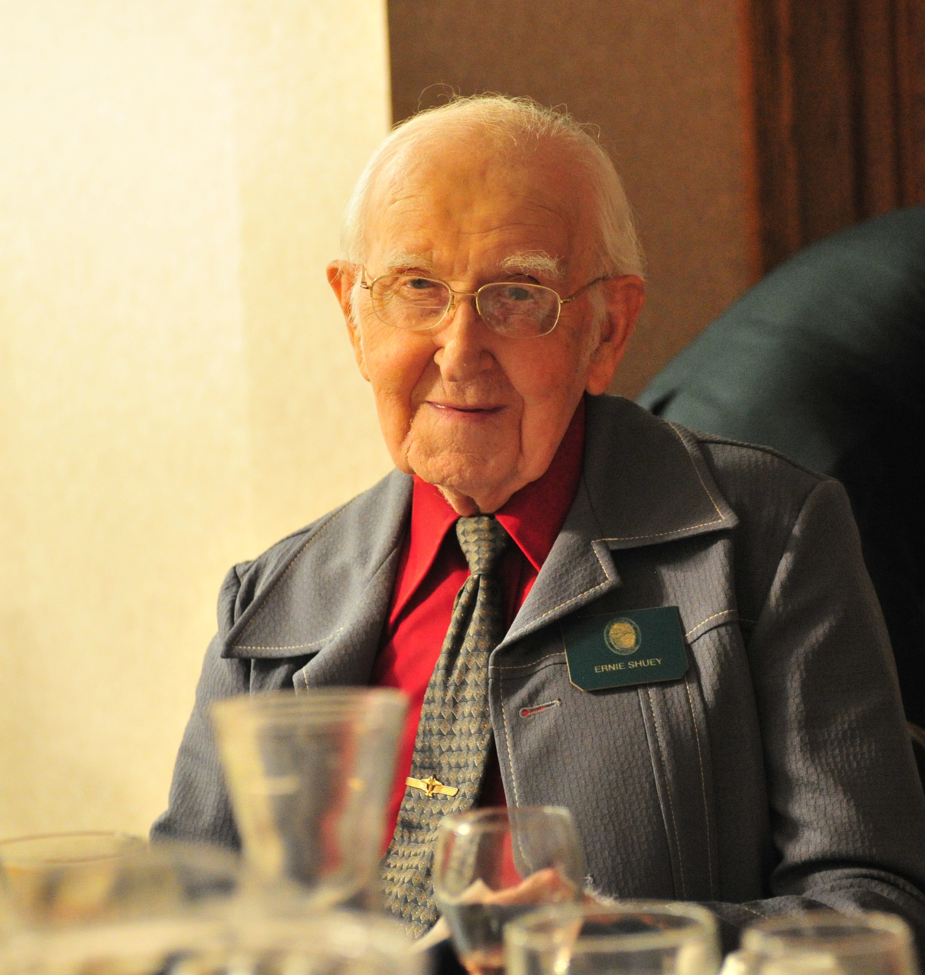 Ernie Shuey, retired military pilot, celebrated his 95th birthday during a meeting for the Order of Daedalians at Cannon Air Force Base, N.M., July 26, 2012. The Order of Daedalians was created in 1933 for pilots who flew during World War l and has since grown to include any rated pilot who served in the military. (U.S. Air Force photo/Airman 1st Class Xavier Lockley)