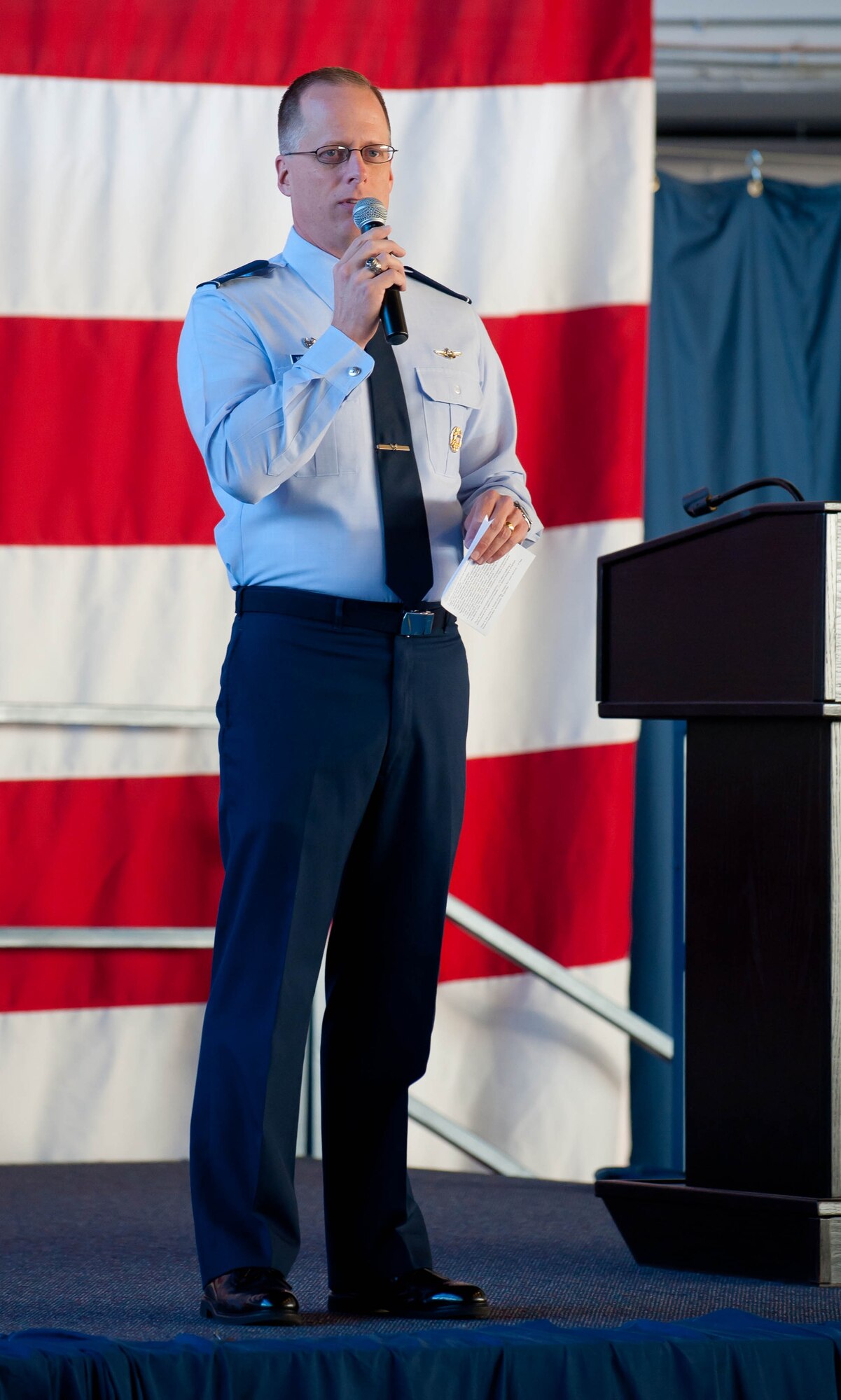 Col. Mark Weatherington, 28th Bomb Wing commander, hosted two commander’s calls for all Ellsworth Airmen in the Pride Hangar at Ellsworth Air Force Base, S.D., July 30, 2012. Weatherington commended the Airmen for contributing in a world class way to the mission of the wing and Air Force. (U.S. Air Force photo by Airman 1st Class Zachary Hada/Released)
