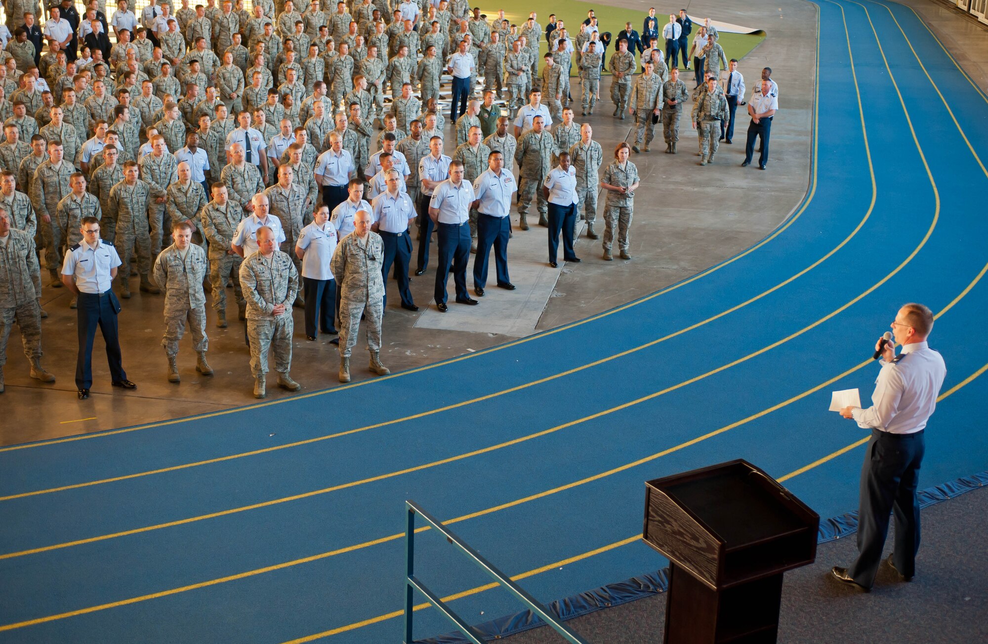 Col. Mark Weatherington, 28th Bomb Wing commander, hosted two commander’s calls for all Ellsworth Airmen in the Pride Hangar at Ellsworth Air Force Base, S.D., July 30, 2012. During his address he touched on several topics, but focused on safety, especially during the summer months. (U.S. Air Force photo by Airman 1st Class Zachary Hada/Released)