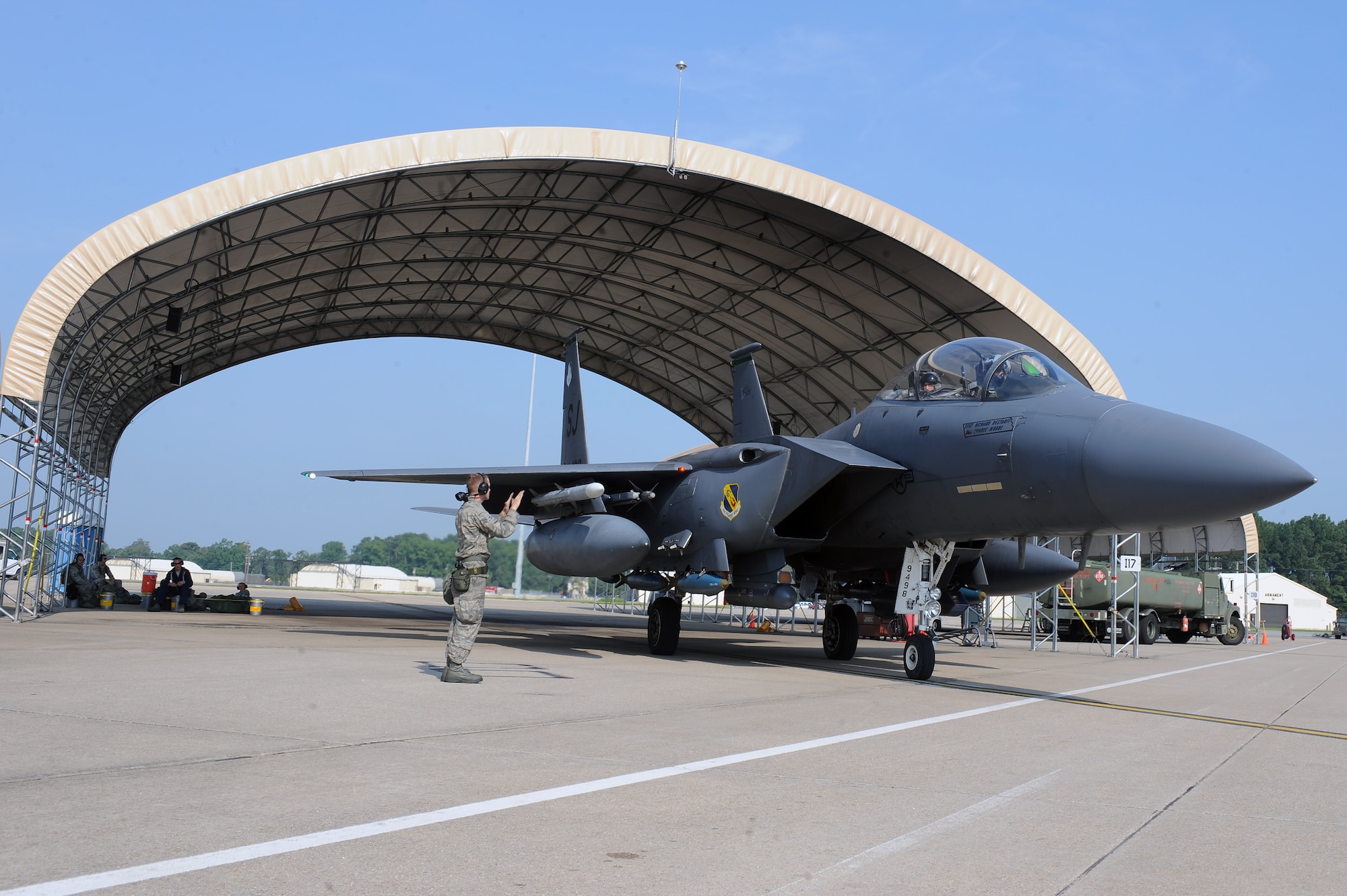 An F-15E Strike Eagle taxis from a hangar during an operational readiness exercise on Seymour Johnson Air Force Base, N.C., July 26, 2012. During the exercise, the F-15Es simulated a deployment with the mission of eliminating all enemy threats on the ground and in the air as well as protecting Base X. (U.S. Air Force photo/Airman 1st Class John Nieves Camacho/Released)