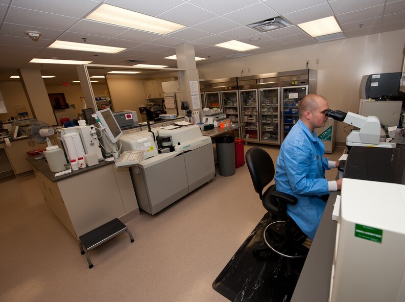 Tech. Sgt. Benjamin McReynolds, 28th Medical Support Squadron laboratory operations NCO in charge, reviews a blood slide under a microscope in the clinical laboratory on Ellsworth Air Force Base, S.D., July 27, 2012. The lab collects and tests biological samples for minor and major health risks to ensure that Airmen stay fit to fight.  (U.S. Air Force photo by Airman 1st Class Kate Thornton/Released)