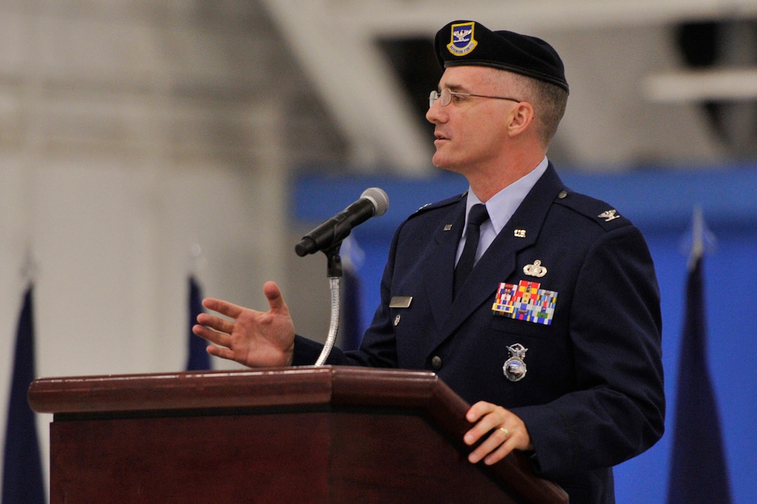 Col. Erik W. Goepner, 11th Security Forces Group commander, speaks during a change of command ceremony on July 30, 2012, at Hangar 2 here. Col. Goepner, a career security forces officer, has held assignments as a flight leader, operations officer and commander. (U.S. Air Force photo/Senior Airman Perry Aston)
