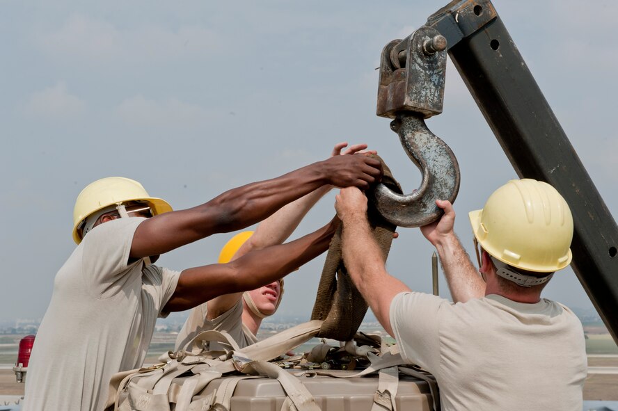 Airmen from the 39th Communications Squadron ground radar maintenance section, unhook the new Portable Doppler Radar system from a crane July 27, 2012, at Incirlik Air Base, Turkey. The new system will replace the old Tactical Weather Radar system and will enhance weather predictability for both U.S. and Turkish forces at Incirlik. (U.S. Air Force photo by Senior Airman Anthony Sanchelli/Released) 

