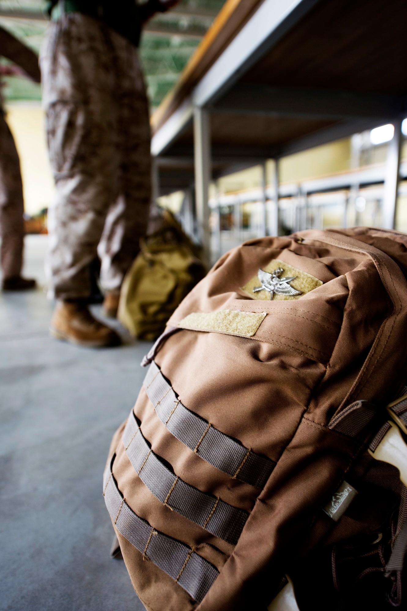 YOKOTA AIR BASE, Japan -- Jump wings adorn a Marine paratrooper's backpack at Yokota Air Base, Japan, July 25, 2012. Marine paratroopers assigned to the 31st Marine Expeditionary Unit from Okinawa, Japan, spent five days at working on their parachute qualifications. During the training, due every 90 days, the MEU practices static line and high-altitude, low-opening jumps. (U.S. Air Force photo by Staff Sgt. Stacy Moless)