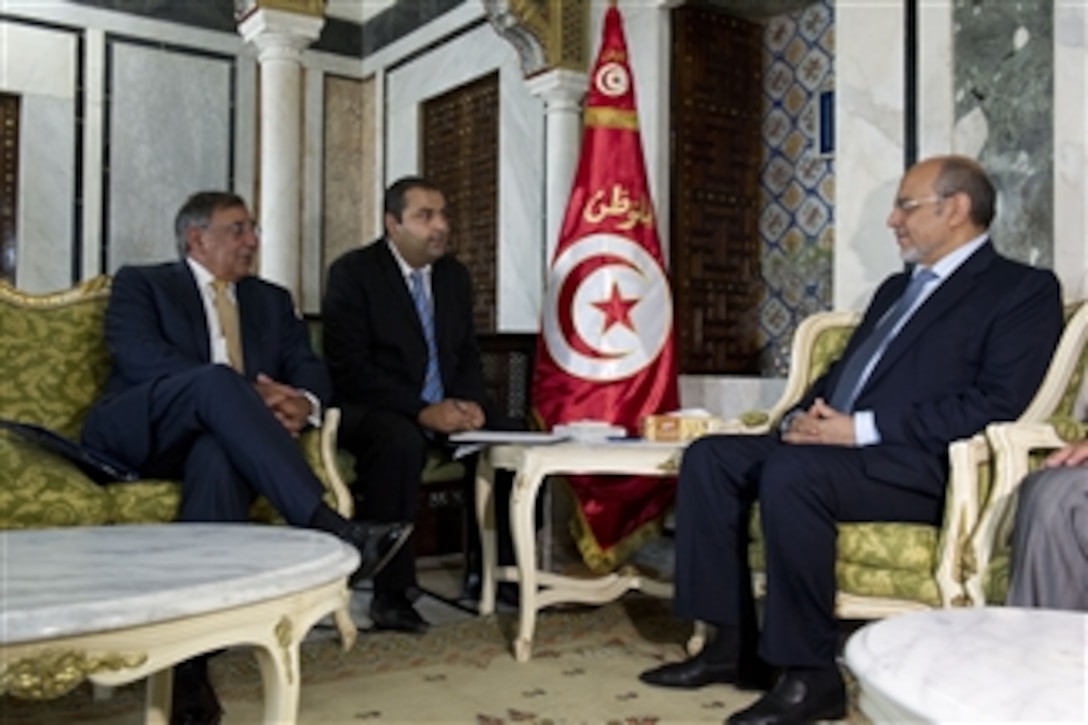 Secretary of Defense Leon E. Panetta, left, meets with Tunisian Prime Minister Hamadi Jebali, right, in Tunis, Tunisia, on July 29, 2012.  Panetta is on a 5-day trip to the region, stopping in Tunisia, Egypt, Israel and Jordan to meet with senior leaders and counterparts.  