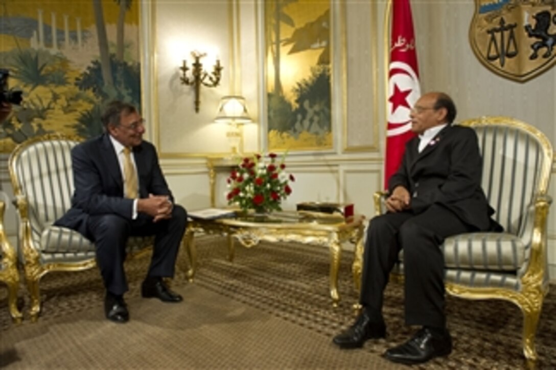 Secretary of Defense Leon E. Panetta, left, meets with Tunisian President Moncef Marzouki in Tunis, Tunisia, on July 29, 2012.  Panetta is on a 5-day trip to the region, stopping in Tunisia, Egypt, Israel and Jordan to meet with senior leaders and counterparts.  