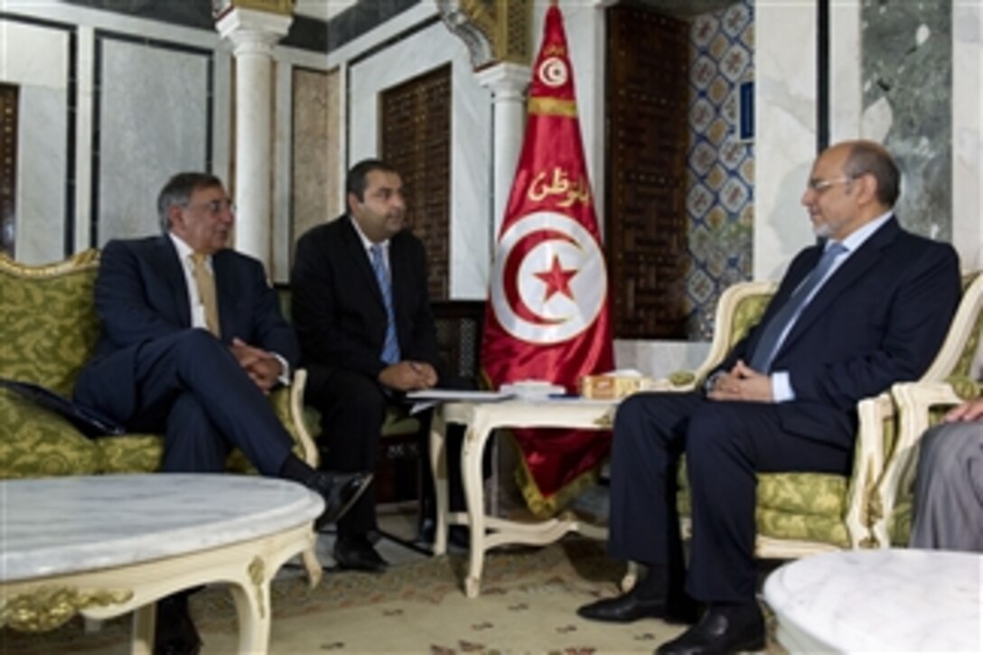 Secretary of Defense Leon E. Panetta, left, meets with Tunisian Prime Minister Hamadi Jebali, right, in Tunis, Tunisia, on July 29, 2012.  Panetta is on a 5-day trip to the region, stopping in Tunisia, Egypt, Israel and Jordan to meet with senior leaders and counterparts.  