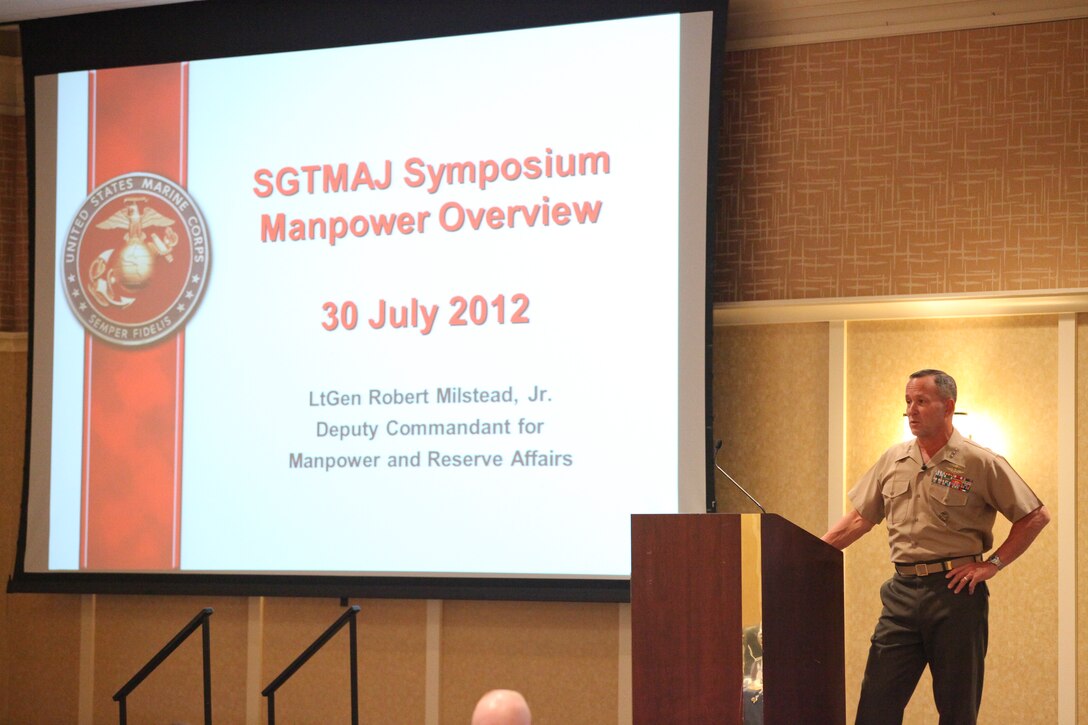 Lt. Gen. Robert E. Milstead, Jr., the Deputy Commandant for Manpower and Reserve Affairs, speaks to the attendees of the 2012 Sergeant Major of the Marine Corps Symposium at the Bolger Conference Center, Potomac, Md., July 30, 2012.