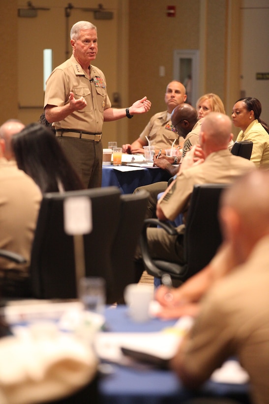 Gen. James F. Amos, the 35th Commandant of the Marine Corps, speaks to the attendees of the 2012 Sergeant Major of the Marine Corps Symposium at the Bolger Conference Center, Potomac, Md., July 30, 2012.