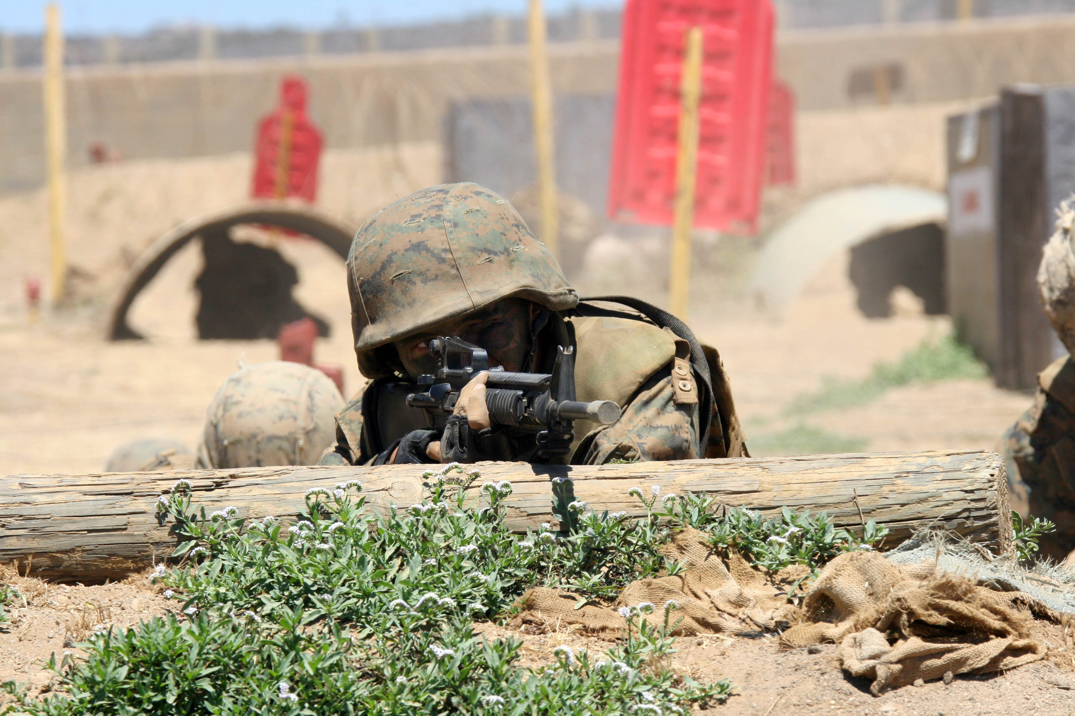 A recruit sights in with his M16-A4 service rifle while going through Copeland's Fire Team Assault course July 26 at Edson Range aboard Marine Corps Base Camp Pendleton, Calif. The course allows recruits to apply teamwork and tactical movement so they can make it through the course.