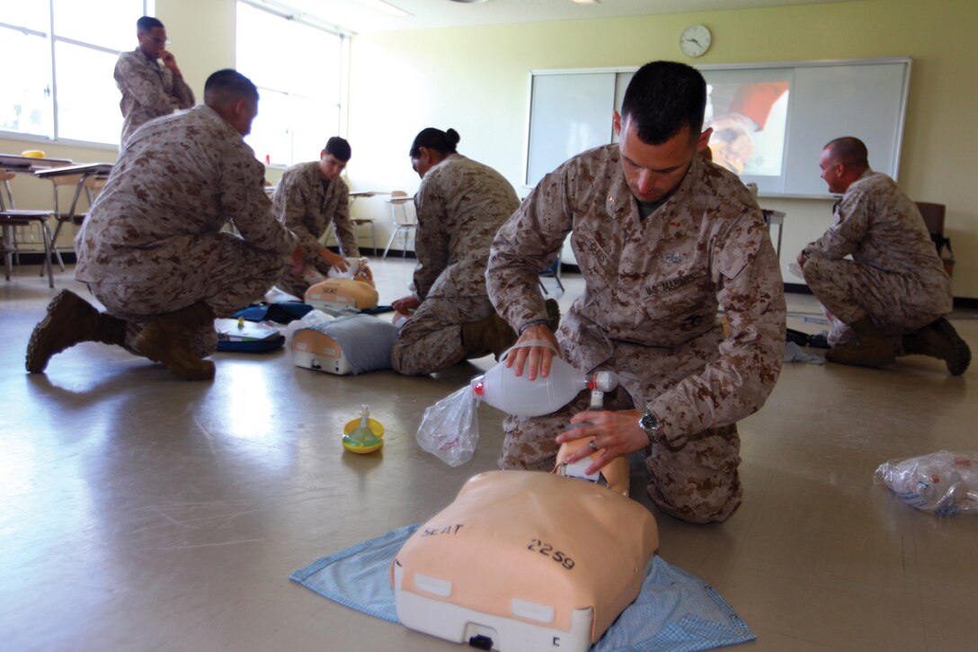 Chief Warrant Officer Darryl L. Ellis practices using a bag-mouth mask during the basic life-support course at Camp Hansen July 16. The course teaches basic skills for keeping victims of cardiac arrest alive. Ellis is an explosive ordnance disposal officer with Marine Wing Support Squadron 172, Marine Aircraft Group 36, 1st Marine Aircraft Wing, III Marine Expeditionary Force.
