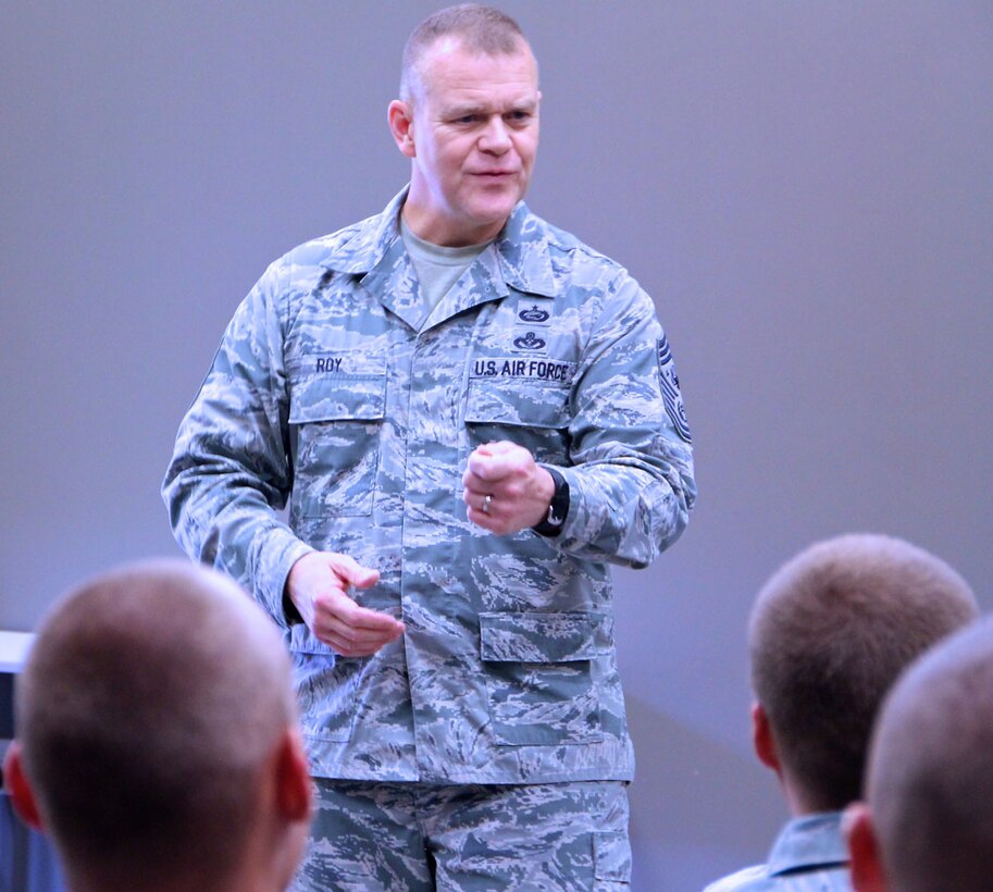 Chief Master Sergeant of the Air Force James A. Roy speaks to reservists of the 932nd Airlift Wing at Scott Air Force Base, Ill on July 31, 2012.  Roy spent nearly an hour with reservists discussing a broad range of issues such as resilience and total force initiative (TFI) before visiting other units on base.  Roy is the 16th Chief Master Sergeant of the AIr Force. (U.S. Air Force photo/Tech. Sgt. Dan Oliver)  