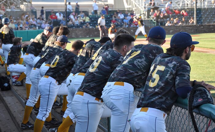 Marysville Gold Sox baseball players wear camouflage-styled jerseys in honor of Military Appreciation Night at Appeal-Democrat Park, Marysville, Calif., July 29, 2012. All members of the military received free admission to the game. (U.S. Air Force photo by Staff Sgt. Robert M. Trujillo)