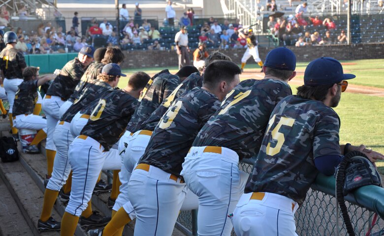 Marysville Gold Sox baseball players wear camouflage-styled jerseys in honor of Military Appreciation Night at Appeal-Democrat Park, Marysville, Calif., July 29, 2012. All members of the military received free admission to the game. (U.S. Air Force photo by Staff Sgt. Robert M. Trujillo)