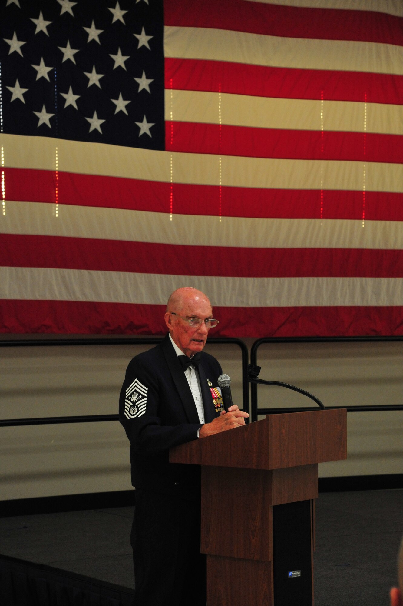6th Chief Master Sergeant of the Air Force James McCoy speaks to attendees at the Senior NCO Induction Ceremony July 27, 2012 in the Armed Forces Reserve Center at Fairchild Air Force Base, Wash. McCoy was the guest speaker for the ceremony and shared with the audience on what made him serve, strive and become the best he could when he was enlisted.  (U.S. Air Force photo by Airman 1st Class Earlandez Young)