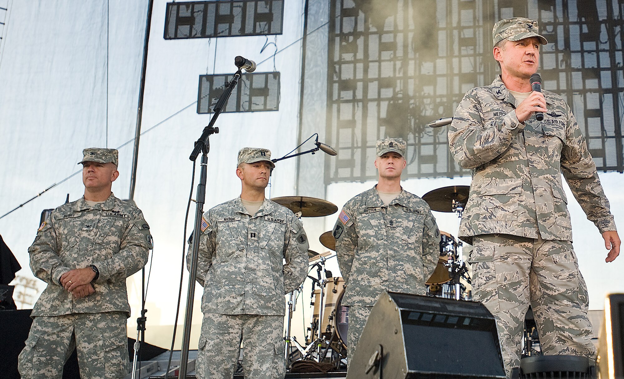 Col. Cal Mercer, vice-commander of the 436th Airlift Wing, gives a speech on the importance of civil-military relations in Delaware to a crowd of more than 10,000 people at the Delaware State Fair July 25, 2012, in Harrington, Del.  (U.S. Air Force photo by Senior Airman Jacob Morgan)