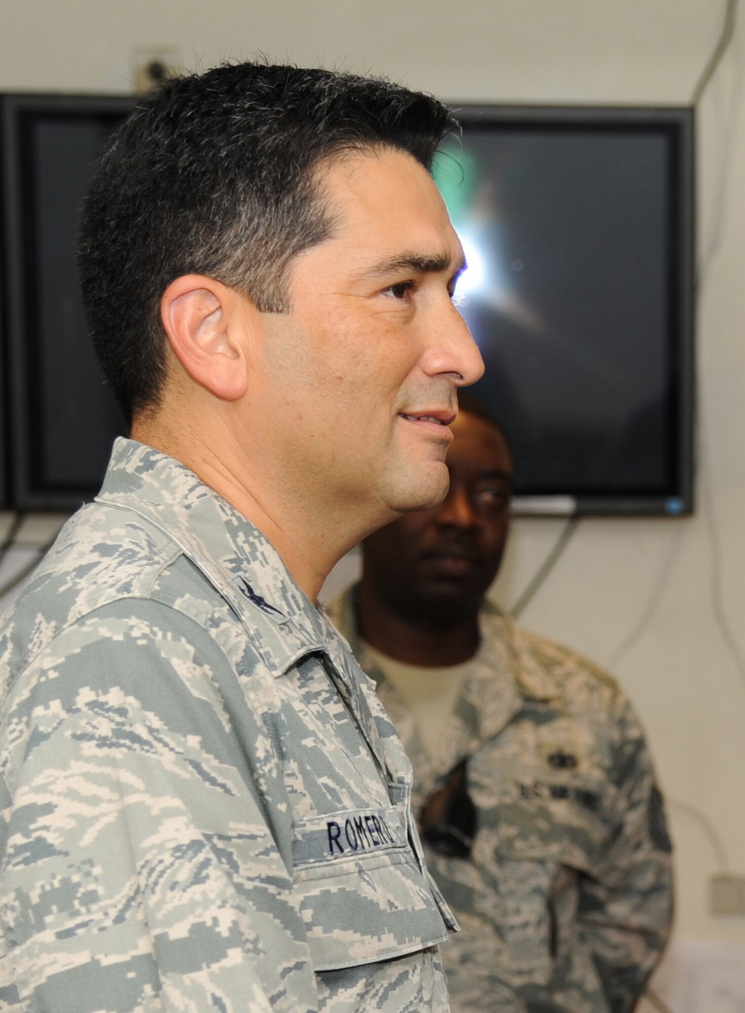 Col. Rene Romero, 81st Training Wing vice commander, receives an 81st Mission Support Group immersion tour July 24, 2012, Keesler Air Force Base, Miss.  The one-day tour helps Romero become familiar with the various squadrons and their capabilities across base.  (U.S. Air Force photo by Kemberly Groue)