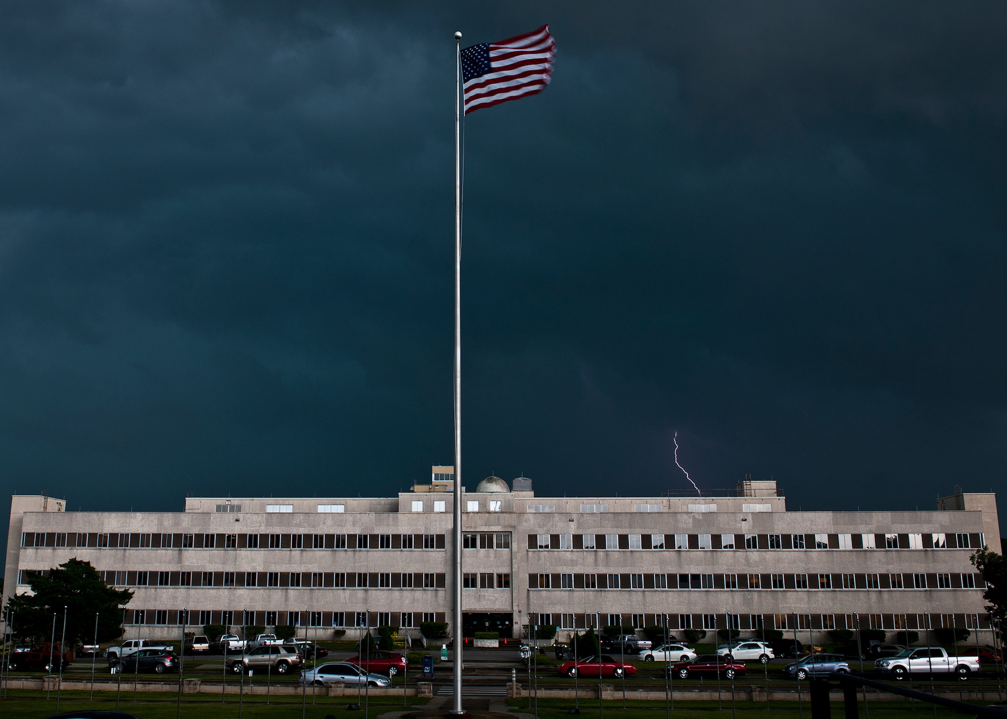 A large-scale summer storm moves toward Eglin Air Force Base, Fla., July 30, bringing winds, rain and lightning.  The thunderstorm moved in from the Southeast and drenched the base for an hour and a half late in the day.  A similar storm rolled through the morning of July 31 as well.  (U.S. Air Force photo/Samuel King Jr.)