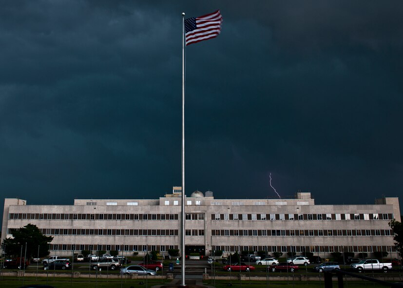 A large-scale summer storm moves toward Eglin Air Force Base, Fla., July 30, bringing winds, rain and lightning.  The thunderstorm moved in from the Southeast and drenched the base for an hour and a half late in the day.  A similar storm rolled through the morning of July 31 as well.  (U.S. Air Force photo/Samuel King Jr.)
