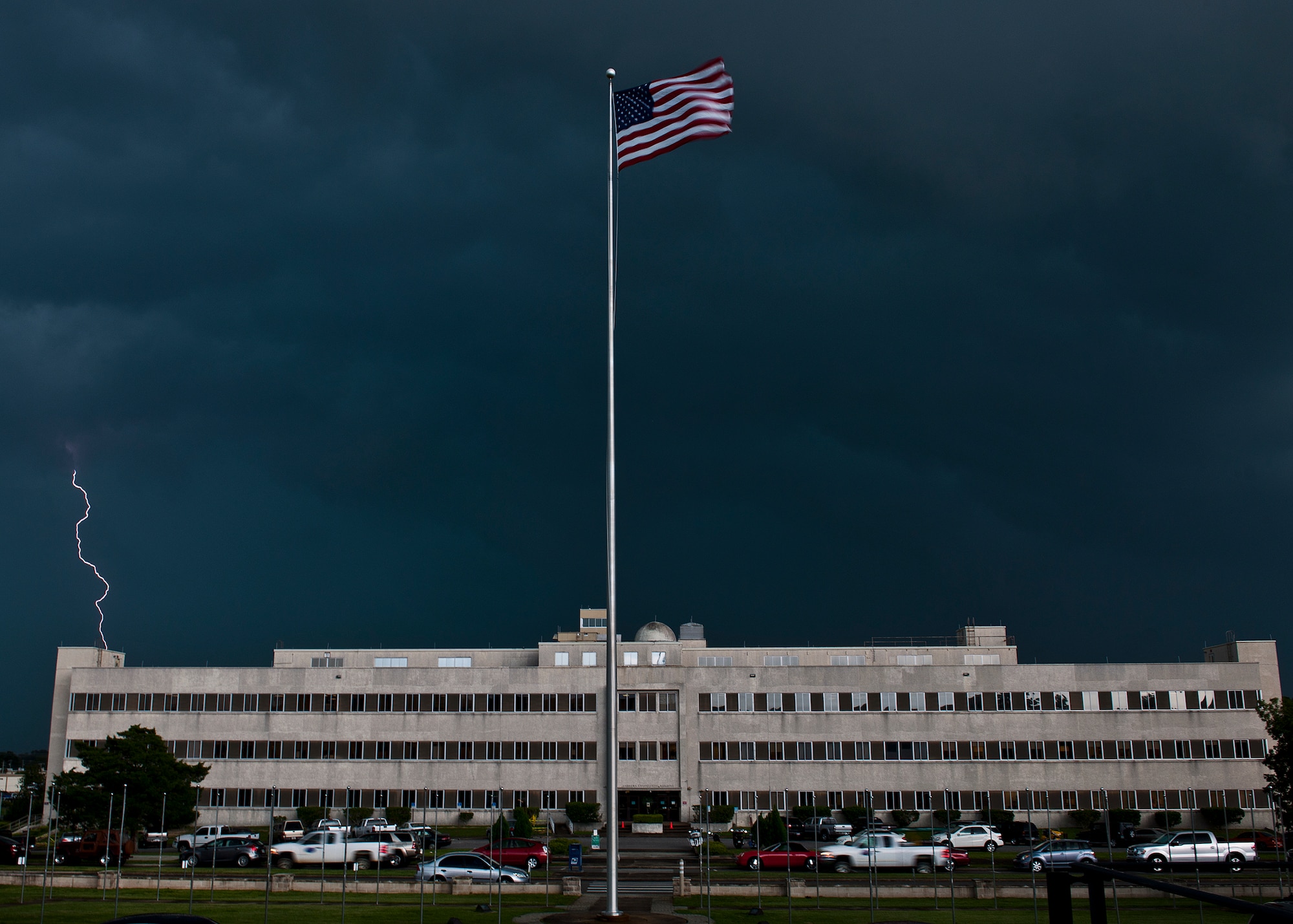 A large-scale summer storm moves toward Eglin Air Force Base, Fla., July 30, bringing winds, rain and lightning.  The thunderstorm moved in from the Southeast and drenched the base for an hour and a half late in the day.  A similar storm rolled through the morning of July 31 as well.  (U.S. Air Force photo/Samuel King Jr.)