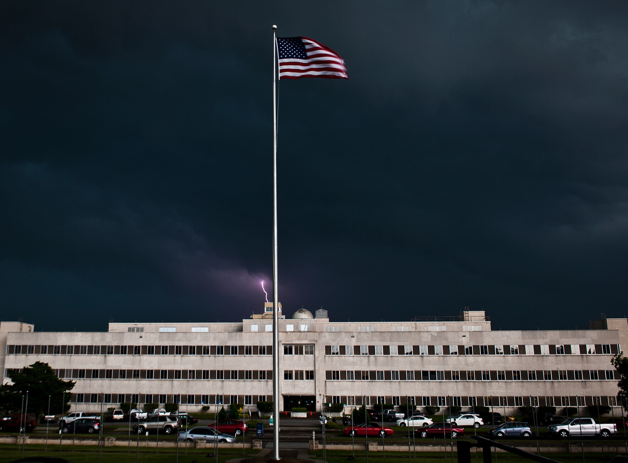 A large-scale summer storm moves toward Eglin Air Force Base, Fla., July 30, bringing winds, rain and lightning.  The thunderstorm moved in from the Southeast and drenched the base for an hour and a half late in the day.  A similar storm rolled through the morning of July 31 as well.  (U.S. Air Force photo/Samuel King Jr.)