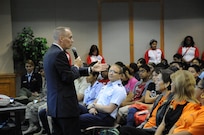 Dr. Todd Fore, Air Force Personnel Center executive director, provides an inspiring speech during the Viva Technology Program at St. Mary's University, San Antonio, TX. July 26. (U.S. Air Force photo by Rich McFadden) 