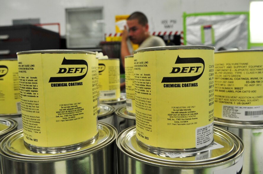 Paint cans are lined up to be shaken for the painting of the F-111 "Aardvark"  at Shaw Air Force Base, S.C., July 27, 2012.  The  F-111 was to assigned to the 20th Fighter wing from 1970 to 1993.  It flew on 21 missions during Operation Desert Storm and will now be on display as a static aircraft here at Shaw.(U.S. Air Force photo by Airman Nicole Sikorski/Released) 
